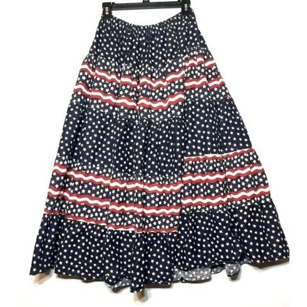 Vintage Cactus Flower Americana Stars Stripes Maxi Skirt Blue Red White One Size